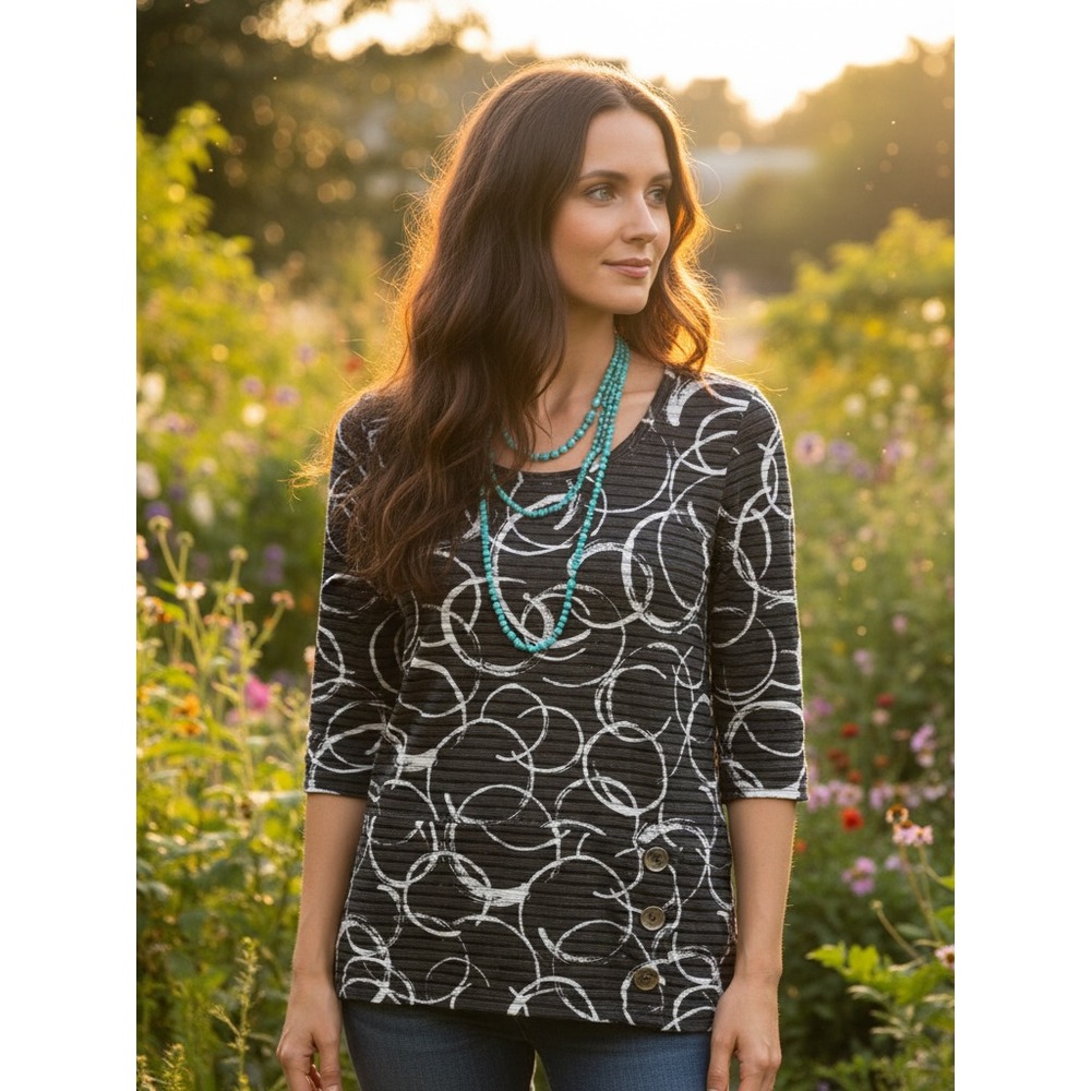 Onque S M Women's Top Gray Black White Casual Retro Artsy Boho Chic Normcore